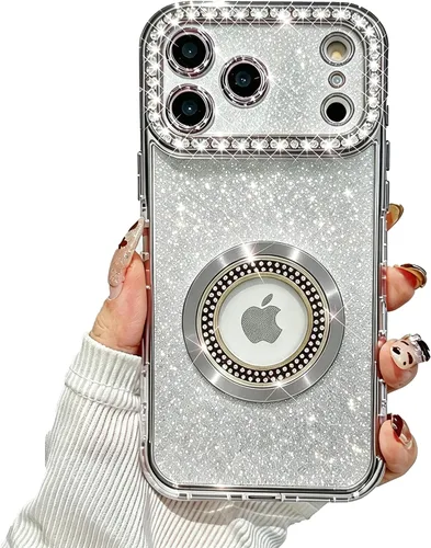 Vista 19 de Losin Funda magnética compatible con iPhone 15 Pro Max con purpurina compatible con MagSafe Funda de lujo con diamantes de imitación con logotipo
