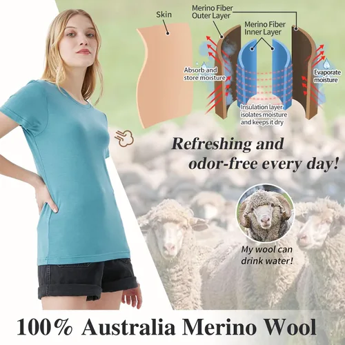 Vista 4 de Merino Protect Camisetas 100% de lana merino para mujer, cuello redondo, manga corta, resistencia al olor, capa base, viajes, senderismo, camiseta