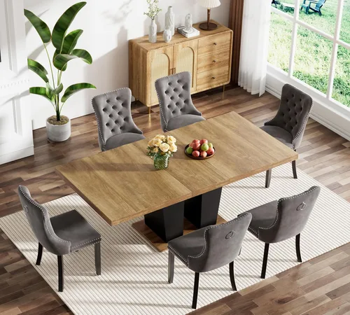 Vista 111 de Juego de mesa de comedor extensible marrón de 63 a 78.74 pulgadas para 4, juego de mesa de comedor de 5 piezas con 4 sillas, mesa de cocina
