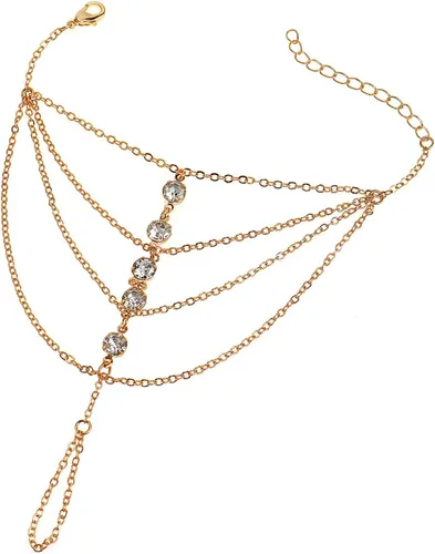 Vista 11 de Suyi Pulsera de anillo de dedo, arnés de mano, pulsera de cadena de diamantes de imitación, regalos para mujeres 2 piezas oro