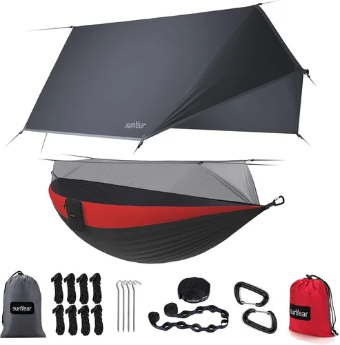 Vista 7 de Sunyear Hamaca de Camping, Hamaca Portátil Individual y Doble con Red, Tienda de Hamaca para 2 Personas con 2 Correas de 3 metros, Ideal para A