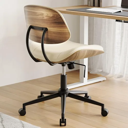 Vista 6 de Silla de Oficina sin Brazos con Ruedas, Silla de Escritorio de Cuero PU de Altura Ajustable - Silla de Computadora Ergonómica Giratoria de 360°