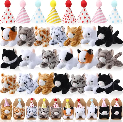 Vista 8 de Juego de 20 Mini Juguetes de Peluche Animales de Peluche Perros con Sombreros de Cumpleaños Cajas de Papel Kraft Cachorros de Peluche Pequeños