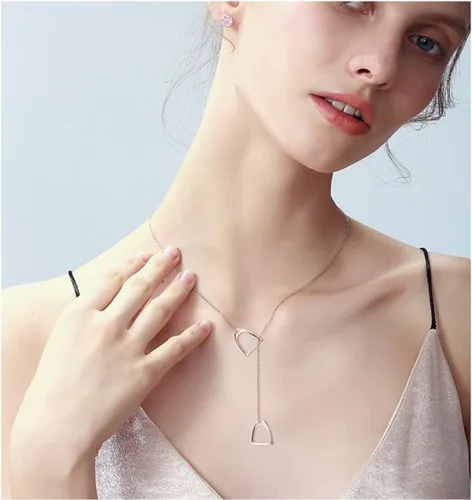 Vista 4 de YFN Collar Lariat con estribos de caballo dobles de plata de ley 925, regalo para mujeres Un collar de caballo