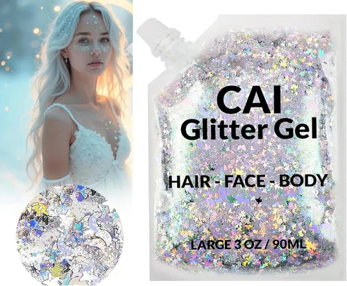Vista 7 de Gel de purpurina para rostro, cuerpo y cabello, purpurina de Halloween para niños y mujeres, gel de grado cosmético de 3 onzas con luna y estrellas