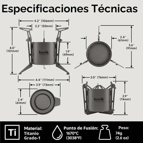 Vista 2 de Kuvik - Estufa de alcohol con sifón de titanio con soporte, ultraligera