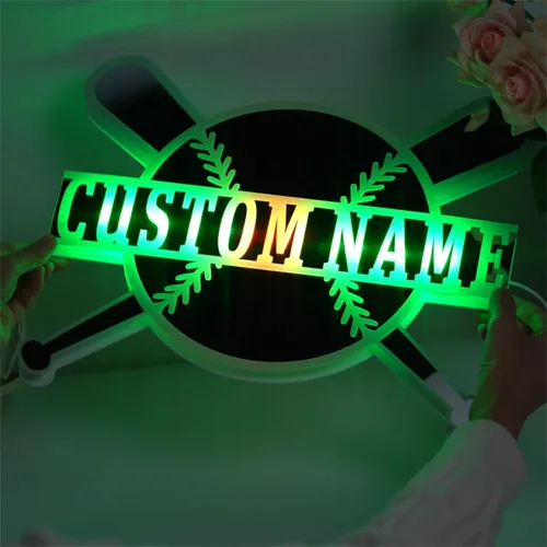 Vista 12 de Espejo de béisbol personalizado para pared, espejo personalizado con nombre de jugador de béisbol con luz LED, letrero de neón acrílico de béisbol