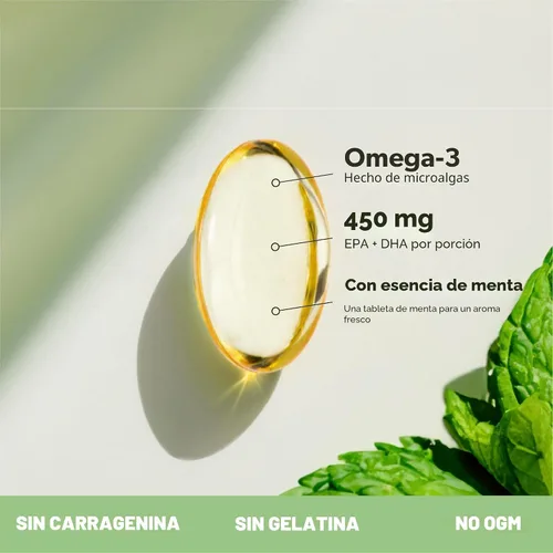 Vista 4 de Suplemento de Omega 3 vegano - Ácidos grasos DHA y EPA de base vegetal - Sin carragenina, alternativa al aceite de pescado, apoya la salud