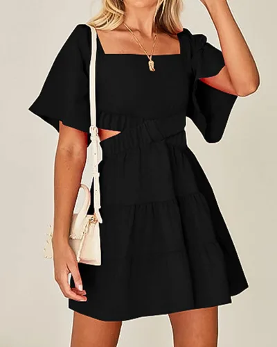 Vista 2 de BTFBM Vestidos de verano para mujer 2023, cuello cuadrado, manga corta, corte cruzado, cintura casual, fiesta, escalonado, mini vestido