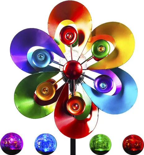 Vista 9 de Molinillo de viento para exteriores, escultura de metal con energía solar, 15 pulgadas y 64 pulgadas de altura, cinético pavo real, bola de vidrio