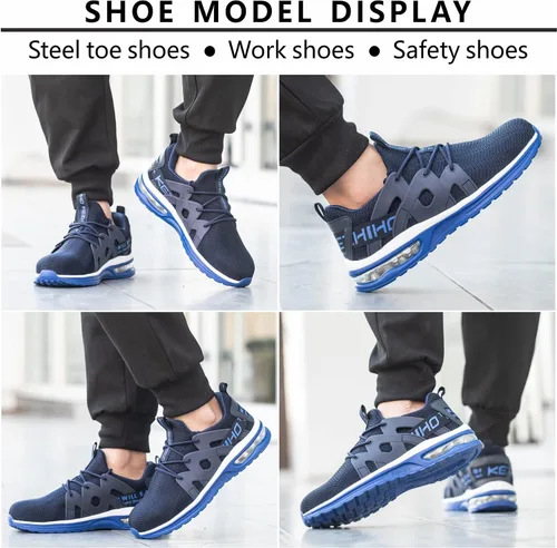 Vista 6 de Kezhiho Zapatos de punta de acero para hombres y mujeres, zapatos de trabajo ligeros con amortiguación de aire, cómodos, transpirables, a prueba