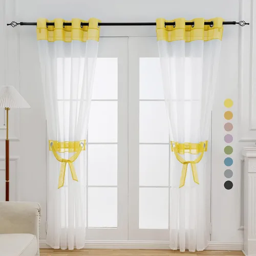 Vista 14 de L.Z.E - Cortinas transparentes blancas y negras de 63 pulgadas de largo, 2 paneles para sala de estar, cortinas elegantes y modernas transparentes