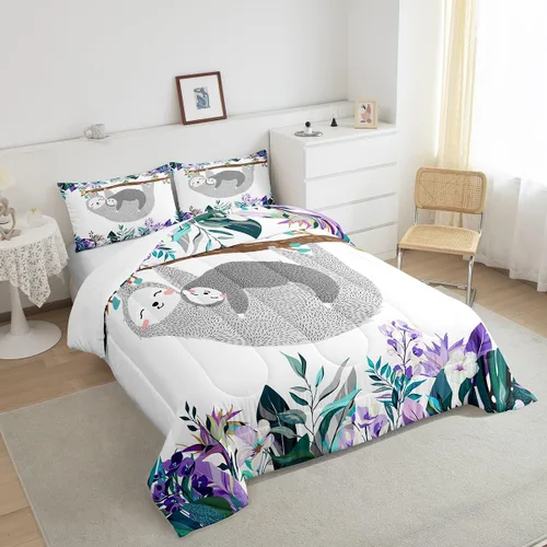 Vista 5 de Erosebridal Juego de edredón de perezoso tamaño individual, bonito edredón de plumón de perezoso en árbol para niños y niñas, juego de ropa de cama