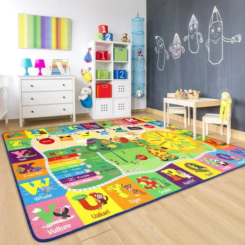 Vista 3 de Chicrug Alfombra educativa para niños de 3 x 5 pies para sala de juegos, TPR antideslizante para niños, alfombra de aula para aprender animales ABC