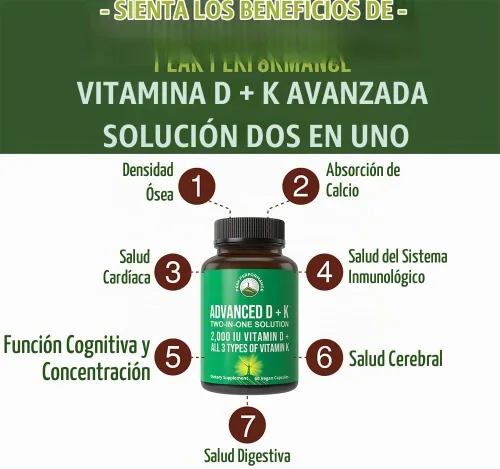 Vista 2 de Peak Performance Vitamina D avanzada de 2000 UI con los 3 tipos de vitamina K, vitamina D3 y vitamina K2, K1, MK-7 (MK7), suplementos MK4 - 60