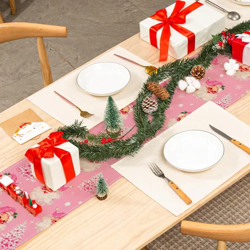 Vista 3 de AnyDesign - Camino de mesa de Navidad rosa para árbol de Navidad, Papá Noel, rectangular, decorativo, camino de mesa para decoración