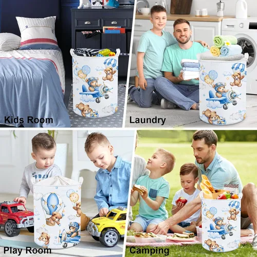 Vista 7 de Clastyle Cesta grande de 45 L con asa plegable para almacenamiento de juguetes con tapa para guardería y niños, con diseño de oso azul