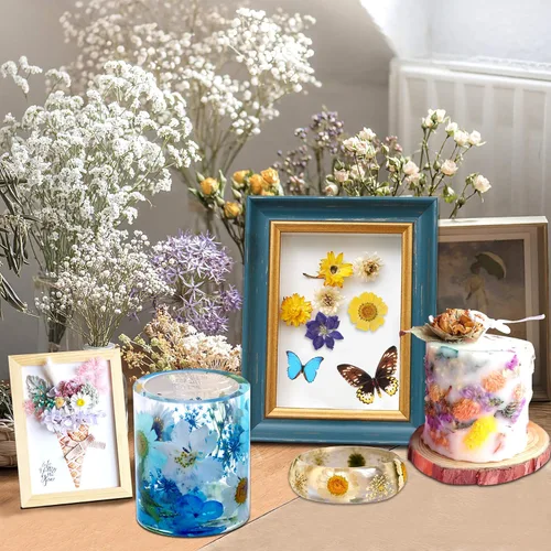Vista 5 de Augshy Juego de flores secas prensadas reales con calcomanías transparentes de mariposa, calcomanías para álbumes de recortes, flores secas