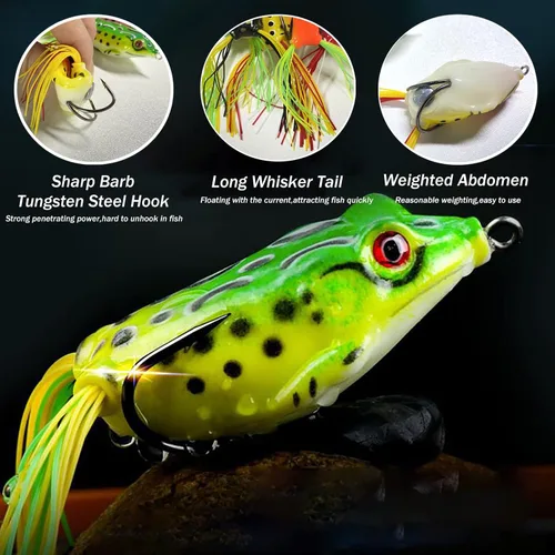 Vista 2 de Señuelo de rana Topwater, kit de señuelos de pesca para trucha, señuelos de rana realistas con ganchos sin hierbas, cebo flotante suave para agua