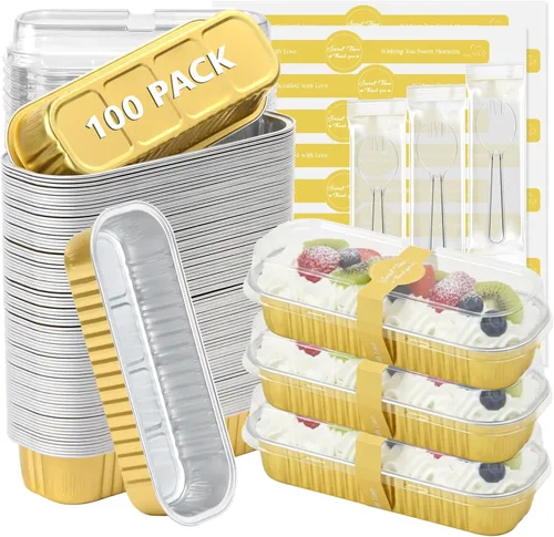 Vista 12 de Ruckae Paquete de 100 Mini Moldes para Pan Mini Moldes para Hornear Pan con Tapas y Cucharas, Moldes de Papel de Aluminio Desechables, Moldes