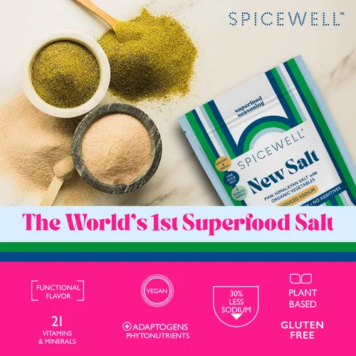Vista 4 de Spicewell New Salt Sal rosa del Himalaya infundida con 21 vitaminas y minerales a base de plantas, 30% menos de sodio que la sal de mesa, sal