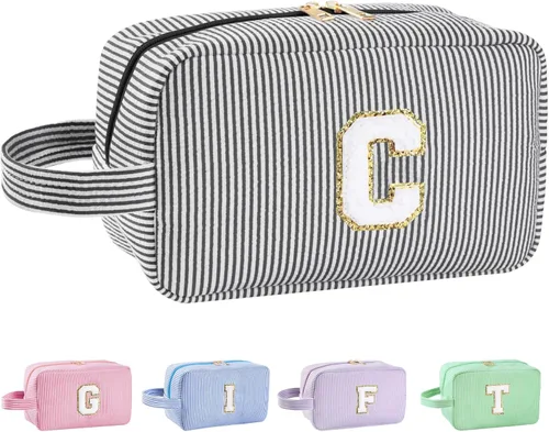 Vista 16 de Bolsa de maquillaje personalizada con inicial A-Z para mujeres, niñas y niños, bolsa de aseo de viaje, bolsa de maquillaje preparada, bolsa
