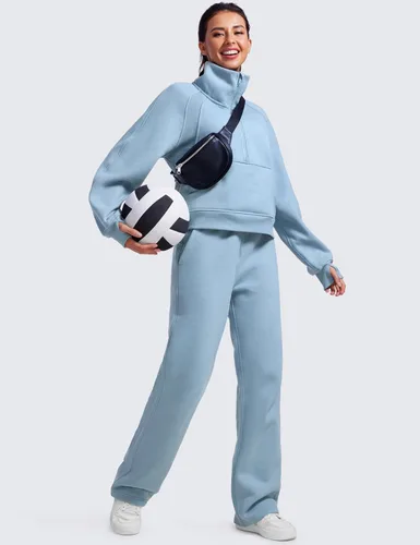 Vista 4 de CRZ YOGA Sudaderas con forro polar para mujer, media cremallera, cuello embudo, manga larga, sudaderas de gran tamaño con agujeros para el pulgar