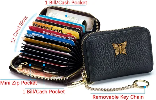 Vista 3 de imeetu Portatarjetas de crédito RFID para mujer, pequeña cartera de cuero con cremallera con llavero extraíble, púrpura café, S, Cartera