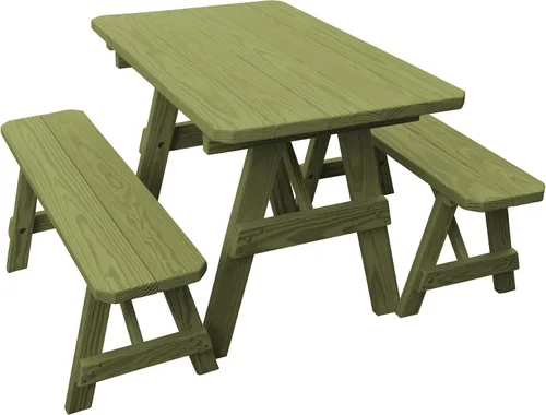 Vista 9 de Amish-Made - Mesa de picnic tradicional de pino tratado a presión de 44 pulgadas con bancos, manchas de cedro mancha de cedro