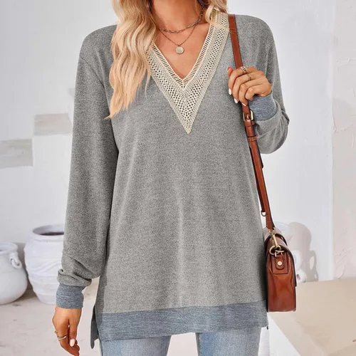 Vista 5 de Dressy Tops for Women 2023 Fall V Neck Long Sleeve T-Shirt Loose Fit Lace Trim Business Casual Split Comfy Shirts