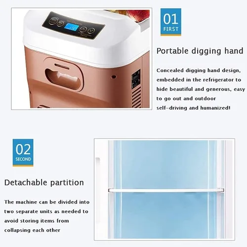 Vista 4 de Refrigerador portátil pequeño de 15 L/16 cuartos para auto de 12 V/24 V/110 V, refrigerador y caja calentadora, congelador de alimentos de viaje