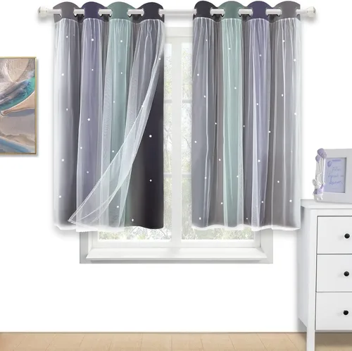 Vista 20 de Cortinas de rayas de estrellas para dormitorio de niñas, cortinas huecas para ventana, cortinas de ventana con ojales, cortinas coloridas degradadas