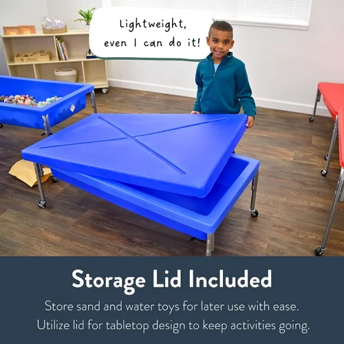 Vista 6 de Children's Factory - Mesa sensorial de arena y agua con juego de tapa para preescolar, guardería, aula, juego al aire libre, 18", azul