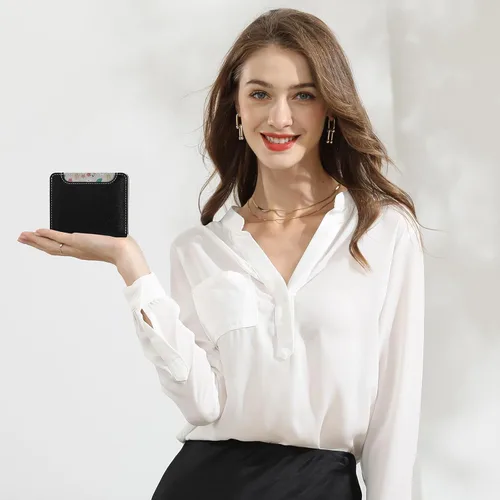 Vista 7 de Billetera pequeña para mujer, con bloqueo RFID, de piel, plegable, para tarjetas de crédito, con ventana de identificación, con cremallera, bolsillo