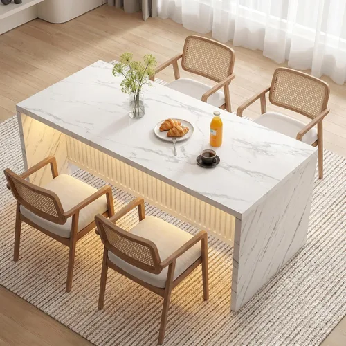 Vista 6 de Mesa de comedor grande de mármol sintético de 71 pulgadas para 4-6 personas, isla de cocina moderna con luces LED, mesa de comedor rectangular