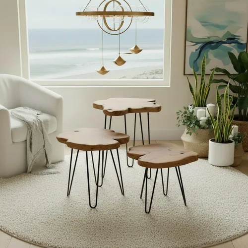 Vista 9 de Mesa auxiliar de madera Welland con borde natural, mesita de noche., cedar