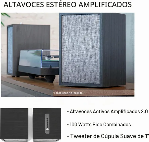 Vista 2 de Crosley S200A-BK 4" Altavoces estéreo activos con alimentación Bluetooth, conexiones ópticas, USB y Aux, negro