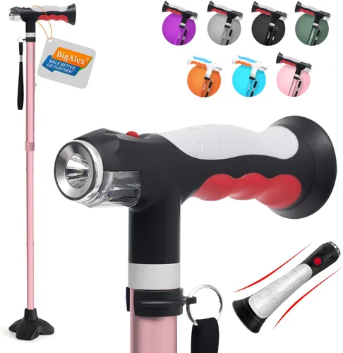 Vista 11 de BigAlex Bastón plegable con dos luces LED para ancianos, base sólida, bastón ajustable con bolsa de transporte para hombres y mujeres Negro