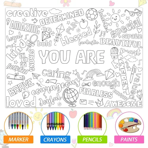 Vista 3 de Naozinebi Póster para colorear positivo para niños, póster gigante con texto en inglés "You Are Coloring", gran afirmaciones positivas, mantel