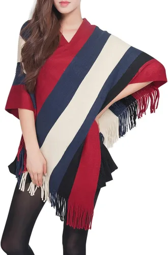 Vista 2 de Dahlia Mujer Poncho de puntoCuello en V Houndstooth Tassel Cape