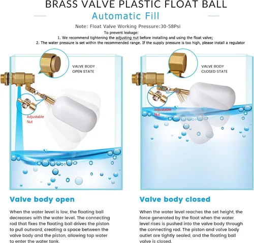 Vista 2 de Válvula de flotador de 1/2 pulgada, válvula de latón con válvula de bola de flotador de agua de plástico con brazo ajustable llenado automático