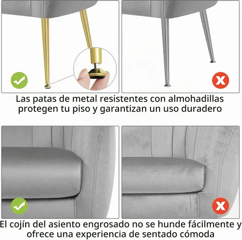 Vista 5 de Yaheetech Silla de Tocador Moderna, Silla de Acento de Terciopelo Suave con Patas de Metal Dorado, Sillón Acolchado Chaise Longue para Sala de Gris