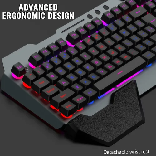 Vista 7 de Combo de teclado y mouse inalámbricos para juegos, teclado con retroiluminación LED arcoíris recargable con batería de 3,800 mAh, panel de metal