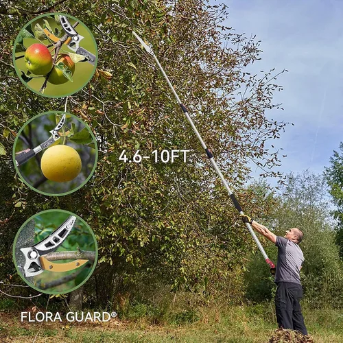 Vista 5 de FLORA GUARD Podadora de Árboles Extensible de 4.6-10 pies, Podadora de Corte y Sujeción – Sierra de Poste de Largo Alcance, Recolector de Frutas