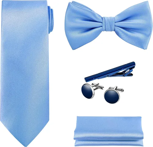 Vista 37 de TIE G 5pcs Tie Set in WHITE OR BLACK GIFT BOX: Solid Color Necktie, Satin Bow Tie, Pocket Square, Lapel, Cuff Links A-aqua