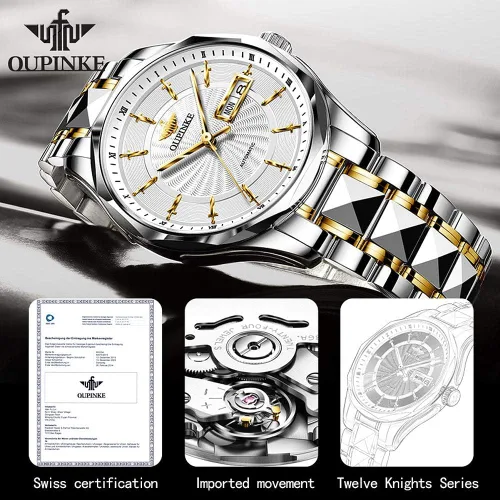 Vista 4 de OUPINKE Relojes de marca suiza para hombre, automáticos de cuerda automática, mecánico, doce caballeros, de lujo, negocios, 5 ATM, impermeable