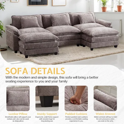 Vista 5 de Sofá Seccional, Sofá Modular Cloud con Otomana, Sofás Cama de Asiento Profundo con Almohadas Decorativas, Cómodo Sofá de Dos Plazas de Chenilla