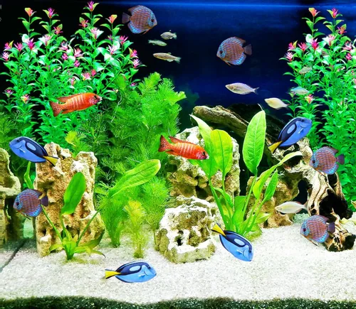 Vista 6 de 2 plantas de decoración de acuario de 21 pulgadas, plantas de plástico artificial extra grandes con flores, decoración de pecera alta para pecera