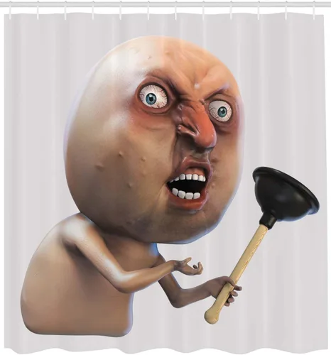 Vista 2 de Ambesonne Cortina de ducha humor, Why You No Plunger Guy Meme Face Angry Grumpy Washroom Design Print, juego de decoración de baño de tela