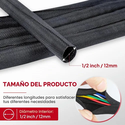 Vista 2 de Cable trenzado dividido negro de 1/2 pulgadas -12 pies de mangas de gestión Flexible Woven Braided Cover Self-Wrapping Wire Loom Cord Protector